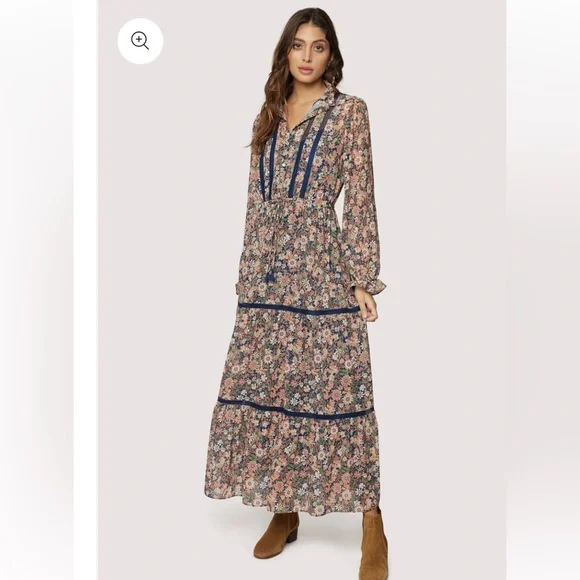 Lost + Wander Flower Power Maxi Dress Tiered Prairie size Medium Blue Peach - Picture 13 of 14
